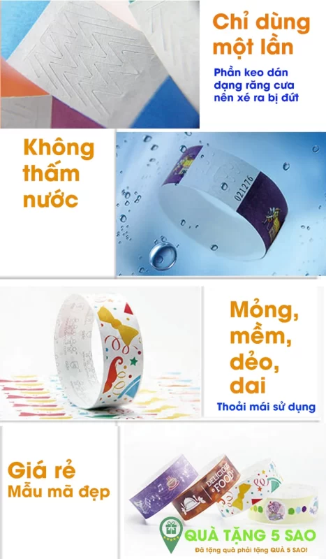 Đặc điểm vòng tay giấy: Không thấm nước, giấy dai không xé rách được, có keo dán, in ấn theo yêu cầu